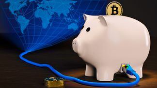 CGI concept of decentralized finance piggy bank for bitcoin (Getty Images)