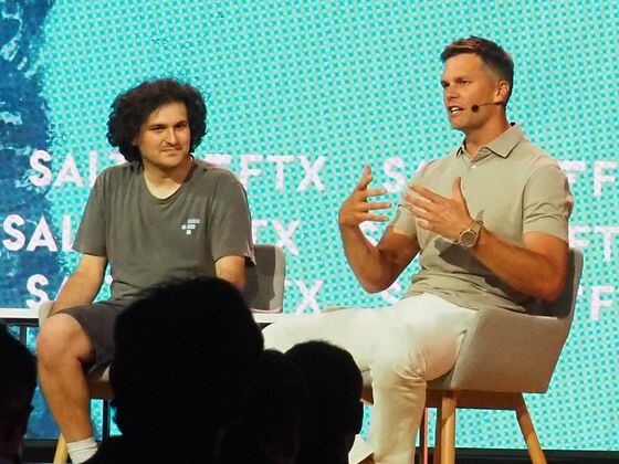 Sam Bankman-Fried (left) and Tom Brady at Crypto Bahamas conference in Nassau in April 2022 (Danny Nelson/CoinDesk)