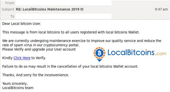 A phishing email disguised as LocalBitcoins.