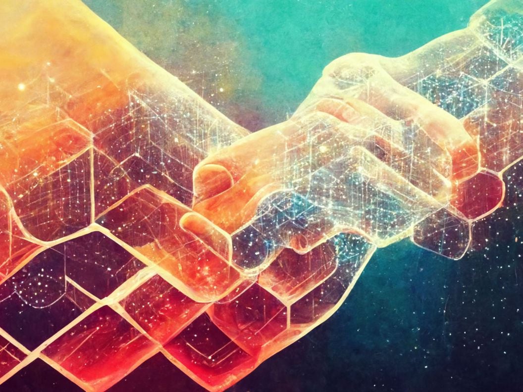 AI Artwork Handshake Blockchain (Midjourney/CoinDesk)