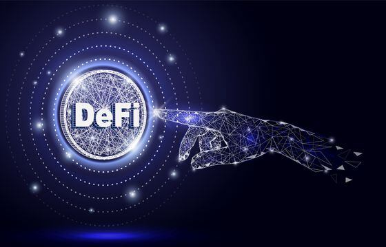 DeFi hand touch, vector polygonal art style illustration. Decentralized finance, cryptocurrency, blockchain technology.