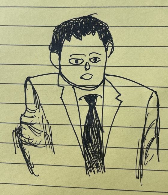 A sketch of Sam-Bankman Fried testifying on Oct. 27, 2023 (Nikhilesh De/CoinDesk)