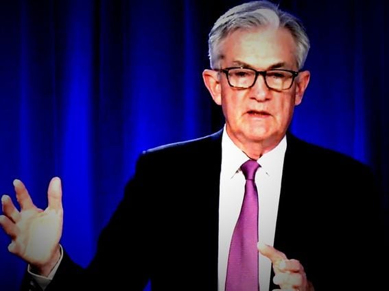 Fed Chair Jerome Powell speaks Wednesday at a virtual press conference. (Federal Reserve, modified by CoinDesk)