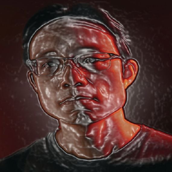 Distorted image of Yat Siu against black background