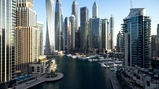 Urban skyline and modern skyscrapers in Dubai Marina.