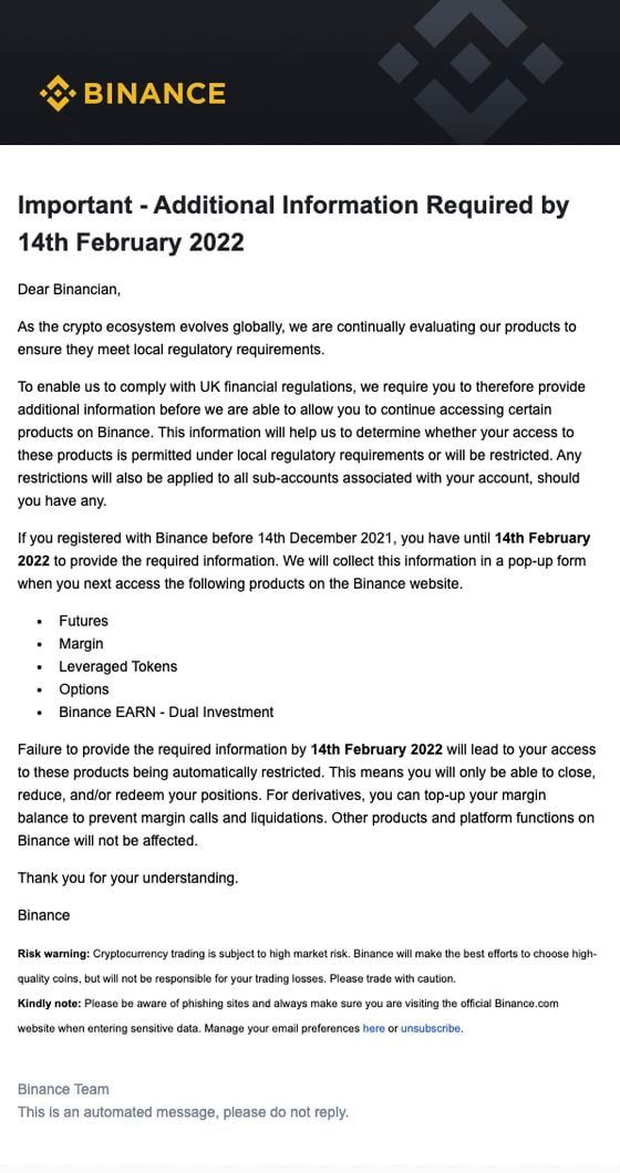 Notice sent to U.K. Binance users regarding crypto derivatives on Dec. 14, 2021.