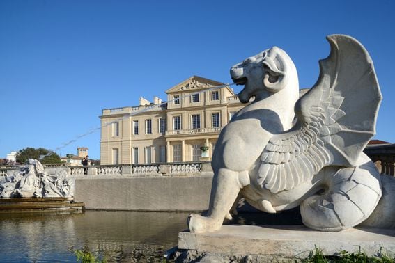 The Eighteenth-Century Borely Château & Griffin Beside Ornamental Pool Marseille France. The chateau now houses the Museum of Decorative Arts & Fashion.