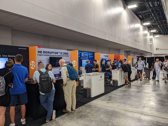 Some of the companies promoting immersion cooling services at Bitcoin 2022. (Aoyon Ashraf/CoinDesk)
