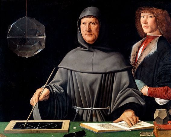 Portrait of Fra Luca Pacioli (1445-1517), Italian mathematician and one of the earliest accountants, with his pupil, Guidobaldo de Montefeltro (1445-1514) - Painting by Jacopo de Barbari (1440/50-1516), oil on wood, 1495 (99x120 cm) - Museo di Capodimonte, Naples (Italy) (Photo by Leemage/Corbis via Getty Images)