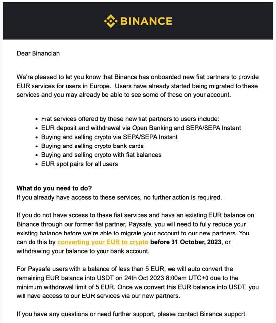 Binance email to customers about new EUR fiat service providers (CoinDesk)
