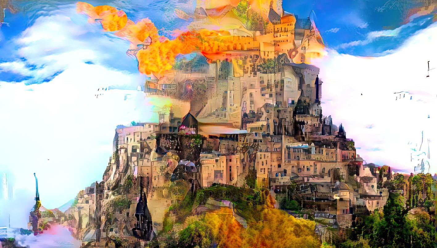 Fire Castle, an AI-generated landscape available on SuperRare.