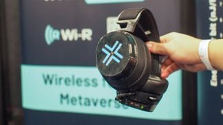 Ixana showed off a pair of headphones powered by Wi-R technology, which transmits data via the human body without the need for a wireless connection, at CES 2023. (Pete Pachal/CoinDesk)