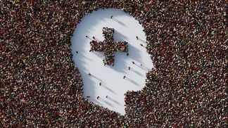 Human Crowd Forming Plus Sign Inside Of A Human Head Shape
