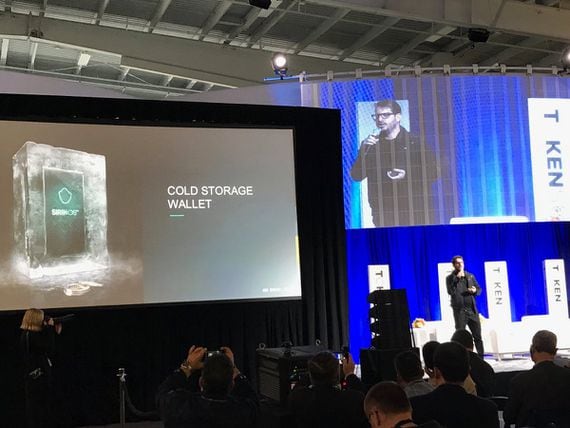 Sirin Labs CEO Moshe Hogeg presenting on Finney's security features at Token Summit III, May 17, New York City. (Brady Dale/CoinDesk)