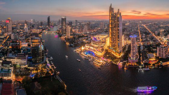 Aerial view of Bangkok city Panorama at twilight scene,
