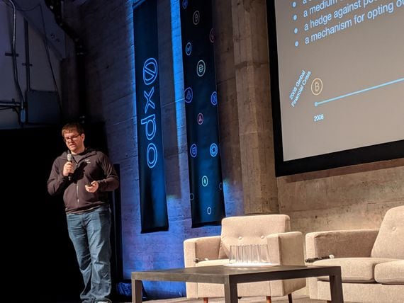 Will Warren, co-founder of 0x, speaks at 0xpo. (Credit: Will Foxley for CoinDesk) 