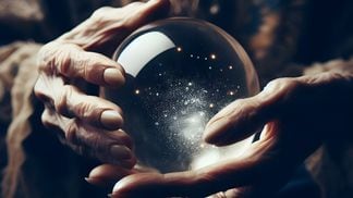 Crystal ball with points of light being held in two hands.