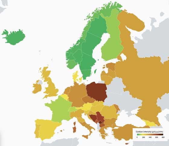 In Europe, the further north, the higher the use of carbon-free energy. (Electricity Maps/Edited by CoinDesk)