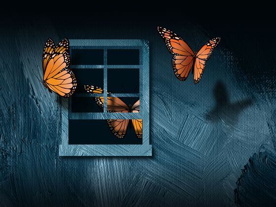 Graphic illustration of iconic butterflies escaping an open window to freedom, representing Flashbots open source code for MEV-Boost countering censorship on Ethereum.