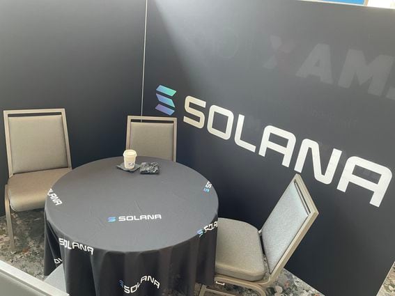 The Solana booth New York's SALT conference. (Danny Nelson/CoinDesk)