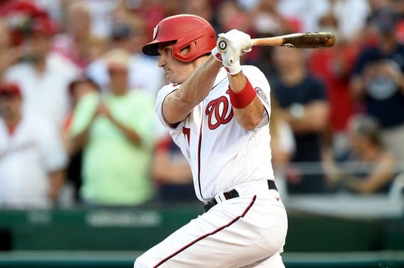 WASHINGTON, DC - OCTOBER 03: Ryan Zimmerman #11 of the Washington Nationals bats against the Boston Red Sox at Nationals Park on October 03, 2021 in Washington, DC. (Photo by G Fiume/Getty Images)