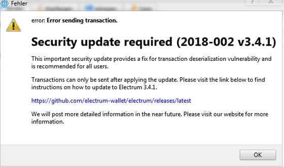  Fake alert created by the attacker (via Electrum GitHub page)