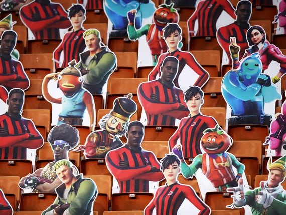 MILAN, ITALY - JANUARY 23: Printed images of the Fortnite video game characters are seen attached to seats in the stadium as part of a promotion during the Serie A match between AC Milan and Atalanta BC at Stadio Giuseppe Meazza on January 23, 2021 in Milan, Italy. (Photo by Jonathan Moscrop/Getty Images)