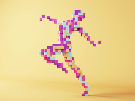 CDCROP: Woman Strong 1980s Abstract Fashion Model Skipping Dance Pose Pink Blue Purple Pixel Art Cube Block Voxels (Getty Images)