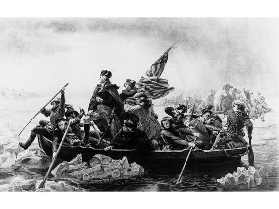 CDCROP: 25th December 1776:  George Washington crosses the Delaware River into Pennsylvania and with a surprise attack defeats Hessian soldiers employed by the British in the Battle of Trenton. (MPI/Getty Images)