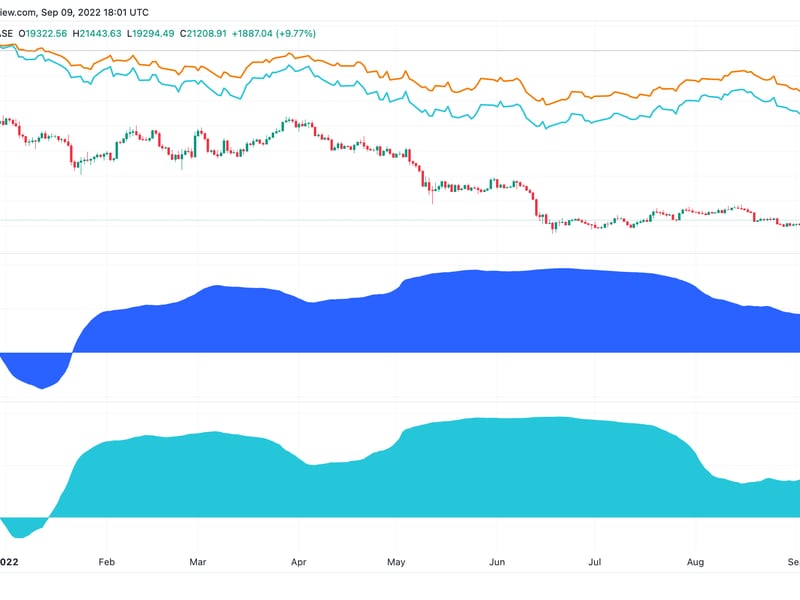 TradingView chart shows the correlation between bitcoin and equity prices rising over the past week. (TradingView)
