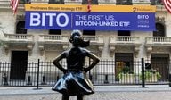 New York Stock Exchange with banner flagging ProShares Bitcoin Strategy ETF on the day it started trading.