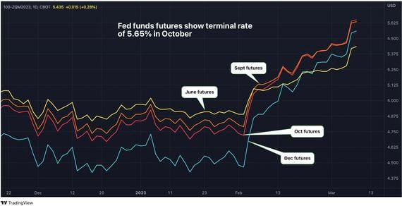 Marked-implied forecast for terminal rates as per the fed funds futures (TradingView/CoinDesk)