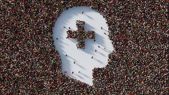 Human Crowd Forming Plus Sign Inside Of A Human Head Shape