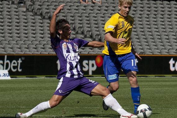 Perth Glory in action (purple stripes). Credit: Shutterstock