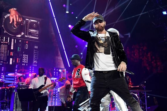 Eminem performs onstage during the 36th Annual Rock & Roll Hall Of Fame Induction Ceremony at Rocket Mortgage Fieldhouse on October 30, 2021 in Cleveland, Ohio. (Photo by Kevin Mazur/Getty Images for The Rock and Roll Hall of Fame)