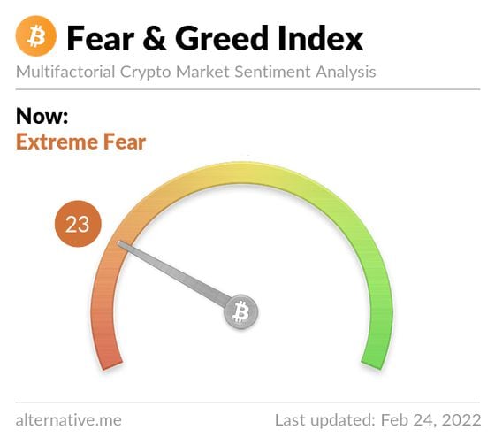 Sentiment gauges for the crypto market reached fear levels. (Alternative.me)
