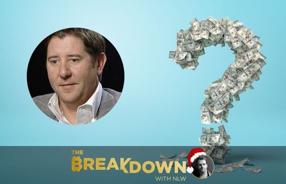 3D rendering of a big question mark made up of $100 dollar bills, and an inset photo of Brent Johnson.
