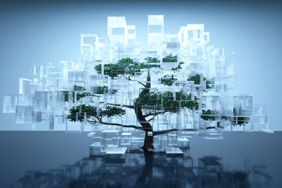 Digital generated image of tree inside glass containers on blue background.