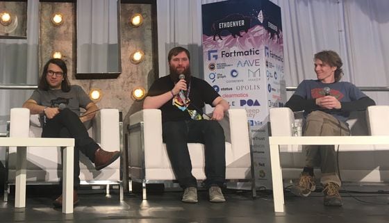 From left to right: Ethereum Foundation staffers Vlad Zamfir, Hudson Jameson and Piper Merriam speaking on a panel at ETHDenver 2019.