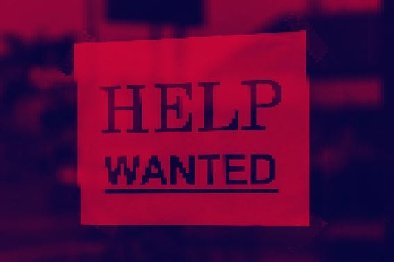 Help wanted sign, modified to a red tint by CoinDesk