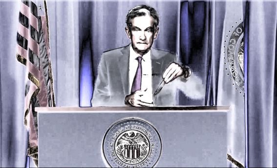 Federal Reserve Chair Jerome Powell dons reading glasses prior to Wednesday's press conference. (Federal Reserve, modified by CoinDesk)