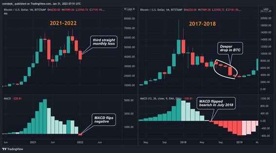 Bitcoin's monthly chart with MACD histogram (TradingView)