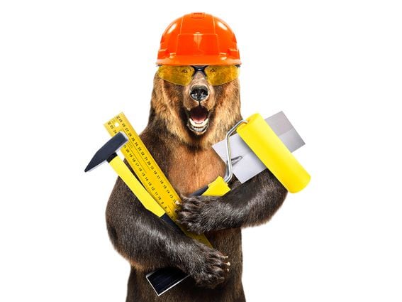 CDCROP: Portrait of a bear in a construction helmet with tools in hand isolated on white background (Getty Images)
