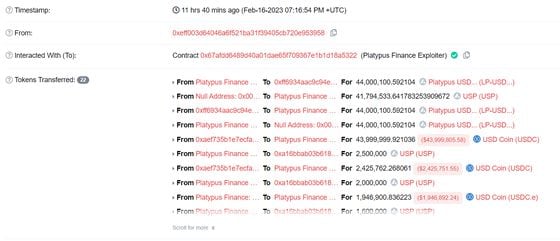 Blockchain data showing $44 million in a flash loan borrowed from Aave used to eventually exploit Platypus. (Snowtrace)