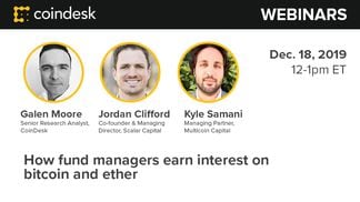 Title slide for CoinDesk Research crypto lending and staking webinar