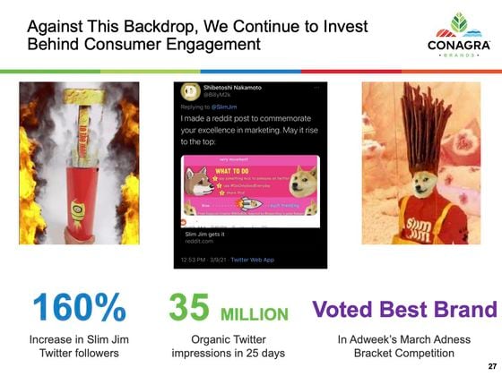 The CEO of Conagra Brands credited #dogearmy with Slim Jim's victory in March Adness.