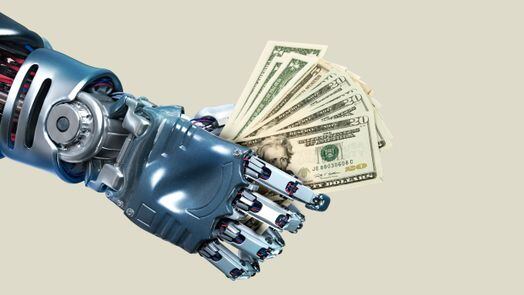 robot hand holding dollar bills