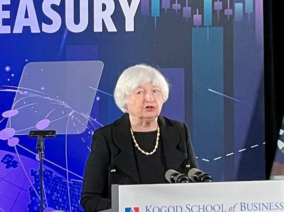 Treasury Secretary Janet Yellen at American University in April 2022 (Jesse Hamilton for CoinDesk)