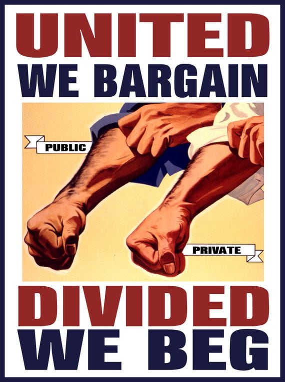 Worker protest poster with the slogan "United We Bargain, Divided We Beg" 