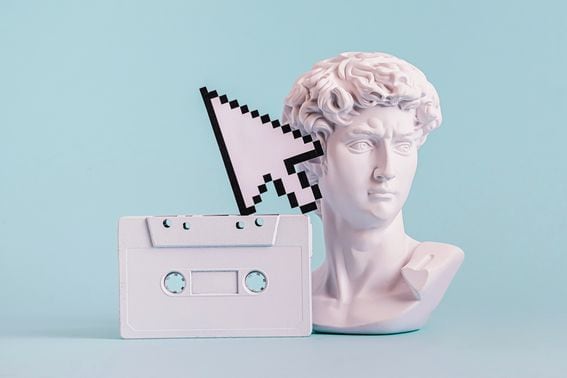 Antique statue is bust of David and pixel mouse pointer and audio cassette.